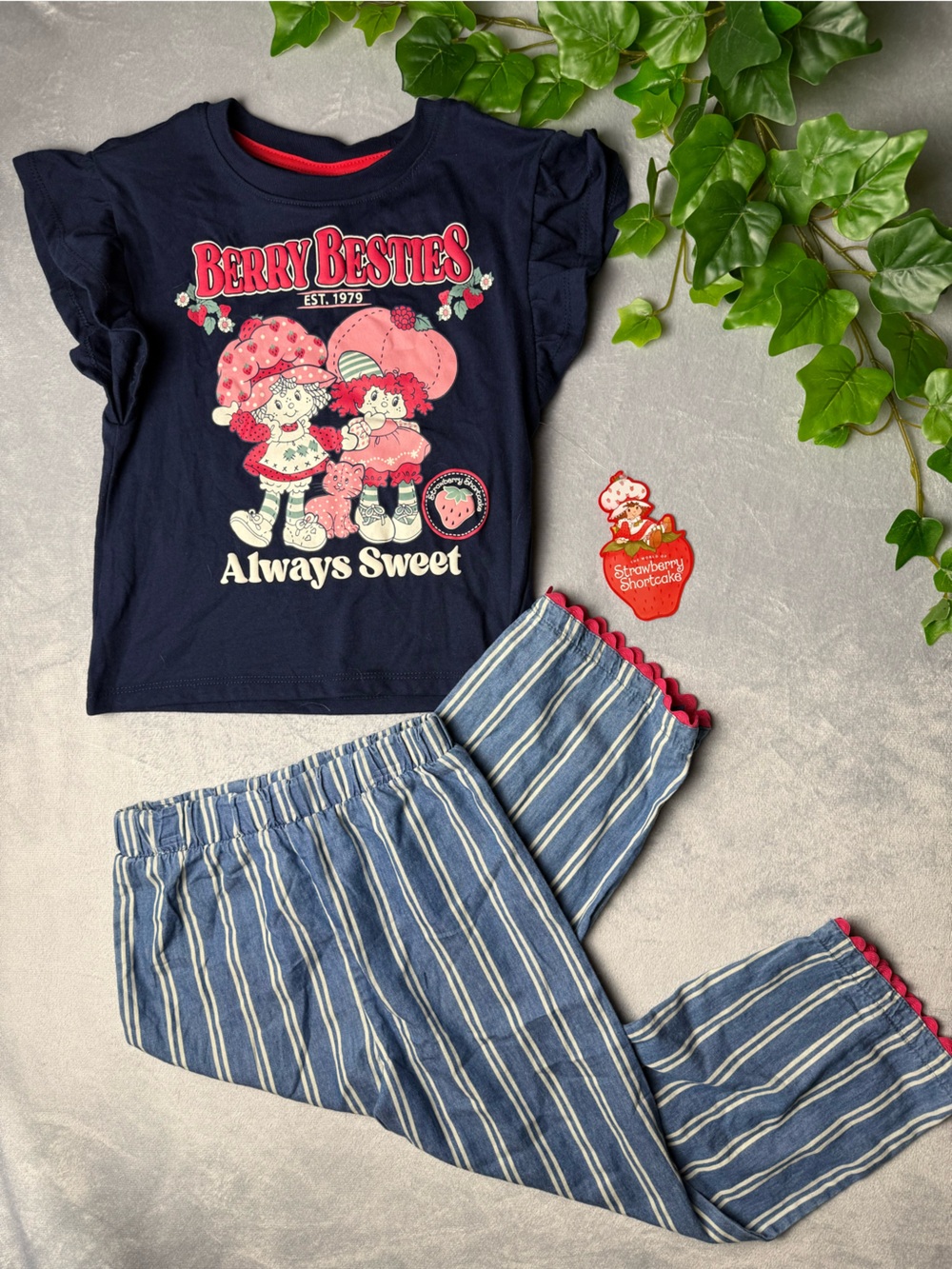 Striped Blue Pajama Pants & Navy 'Berry Besties' Top Set